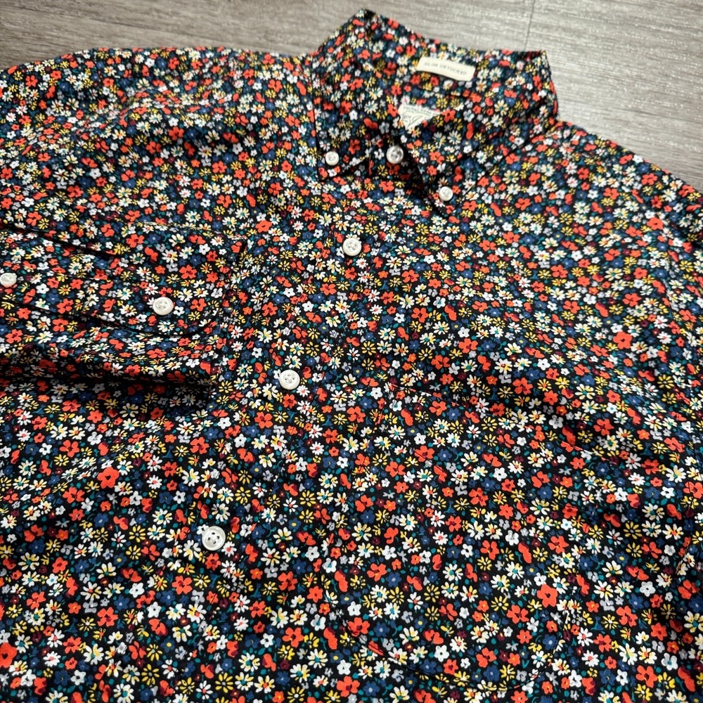 J.Crew Shirt Mens M Black Floral Organic Cotton Slim Untucked Stretch‎ Summer